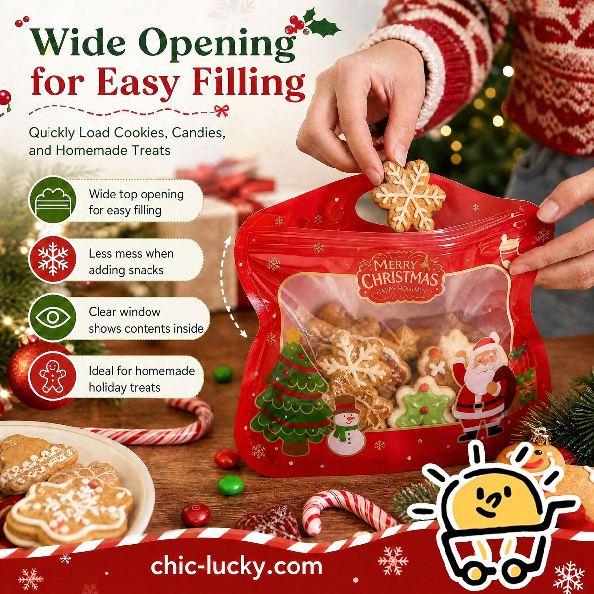 Festive Self-Seal Treat Bags – Santa & Snowman Print | Resealable, Food-Safe & Perfect for Cookies, Chocolates & Little Gifts