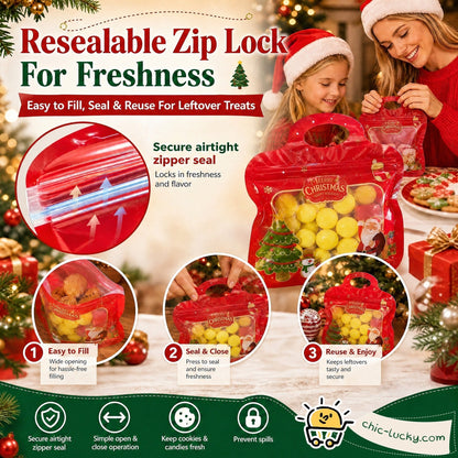Festive Self-Seal Treat Bags – Santa & Snowman Print | Resealable, Food-Safe & Perfect for Cookies, Chocolates & Little Gifts