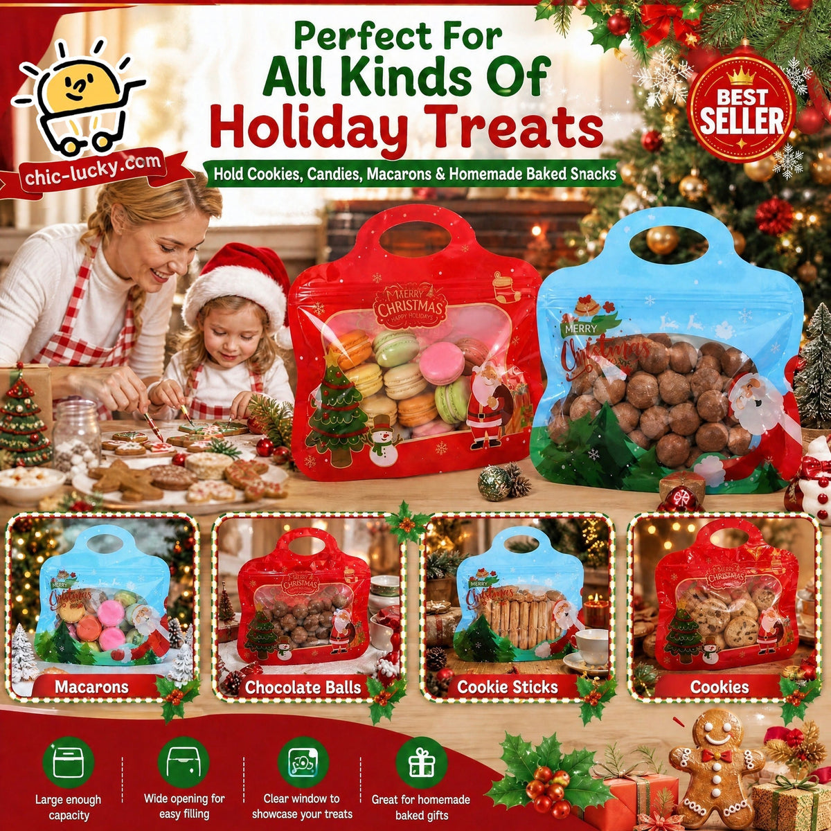 Festive Self-Seal Treat Bags – Santa & Snowman Print | Resealable, Food-Safe & Perfect for Cookies, Chocolates & Little Gifts