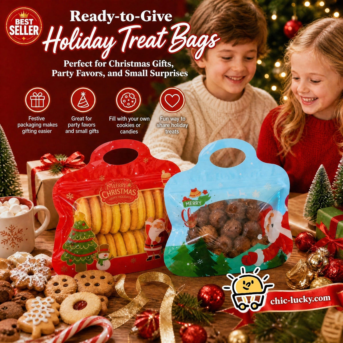 Festive Self-Seal Treat Bags – Santa & Snowman Print | Resealable, Food-Safe & Perfect for Cookies, Chocolates & Little Gifts