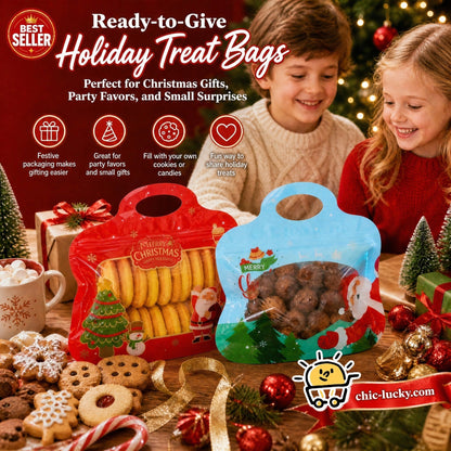 Festive Self-Seal Treat Bags – Santa & Snowman Print | Resealable, Food-Safe & Perfect for Cookies, Chocolates & Little Gifts
