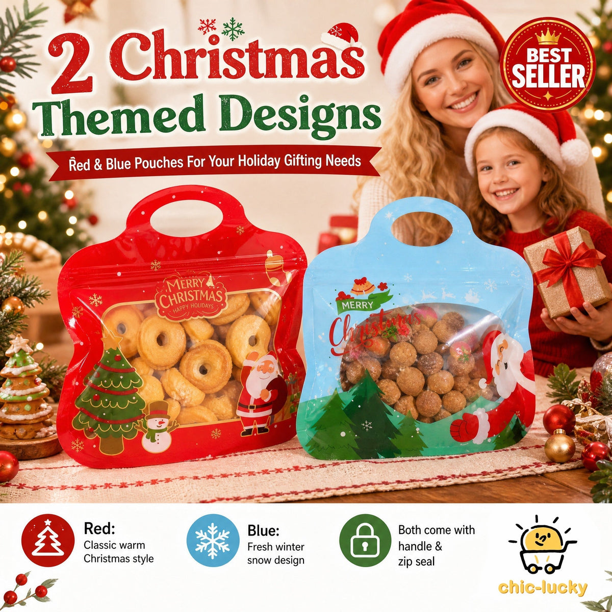 Festive Self-Seal Treat Bags – Santa & Snowman Print | Resealable, Food-Safe & Perfect for Cookies, Chocolates & Little Gifts